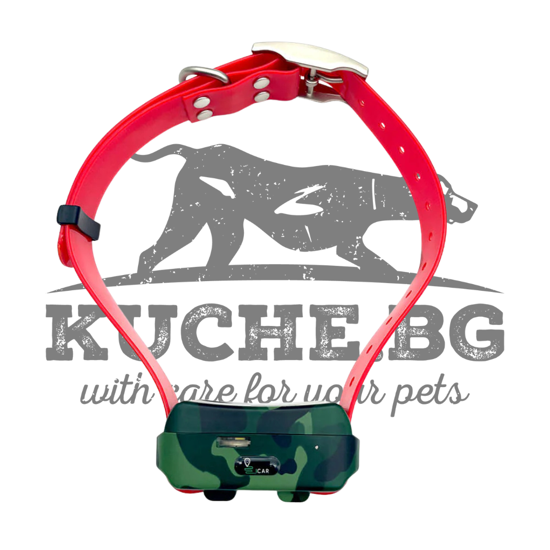 GPS тракер за кучета Icar IK122M-2000 4G с червен и камуфлажен дизайн, идеален за защита на домашни любимци.